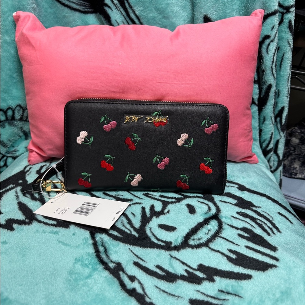 Betsey Johnson Black Cherry Embroidered Zip Wallet